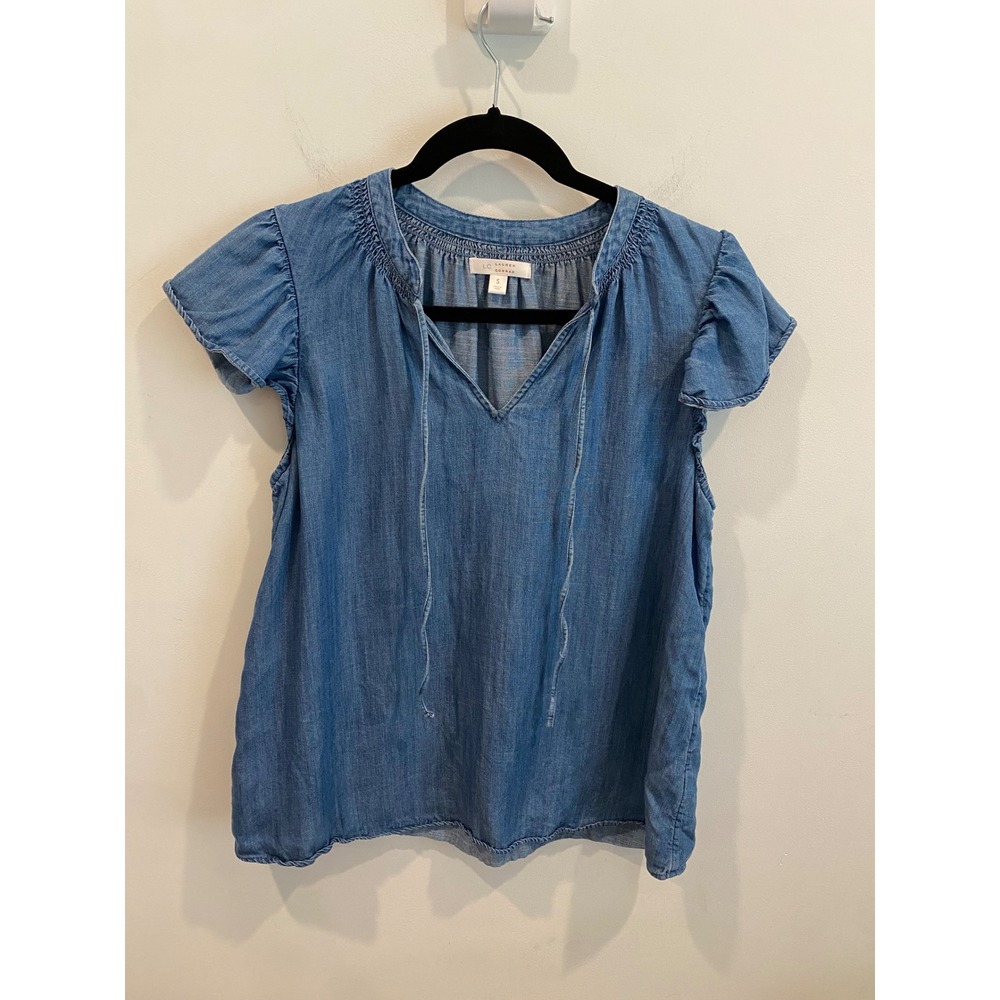 LC Lauren Conrad Blue Chambray Ruffle Sleeve Tie Neck Top Small